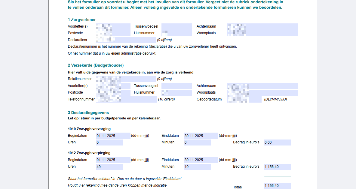Een afbeelding van een automatisch ingevuld PGB declaratieformulier